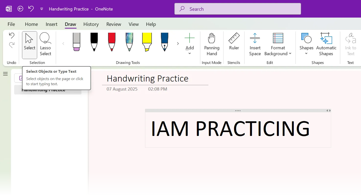 مثال على تحويل الكتابة اليدوية في OneNote