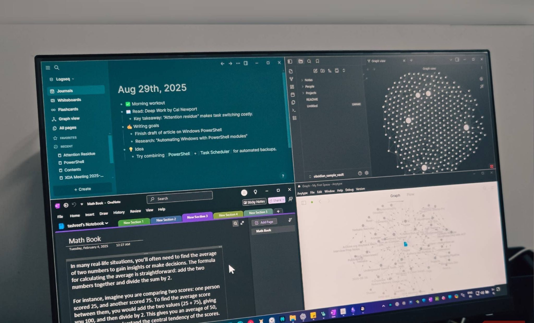 OneNote obsidian logseq and Anytype open app open on a minitor