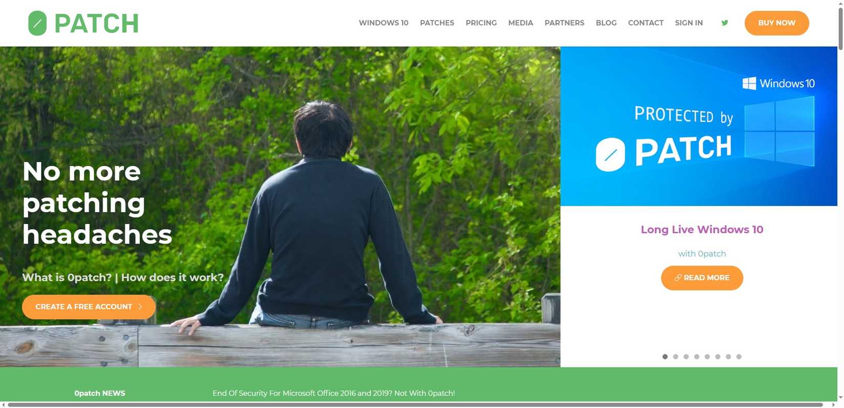 صفحة 0patch الرئيسية، أداة تصحيح Windows 10.