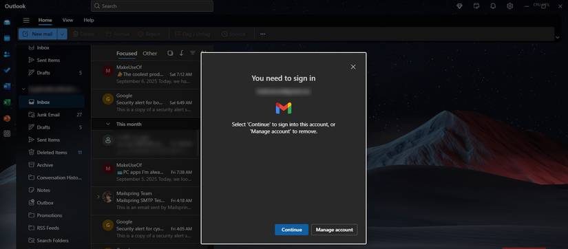 Outlook showing a sing in prompt again