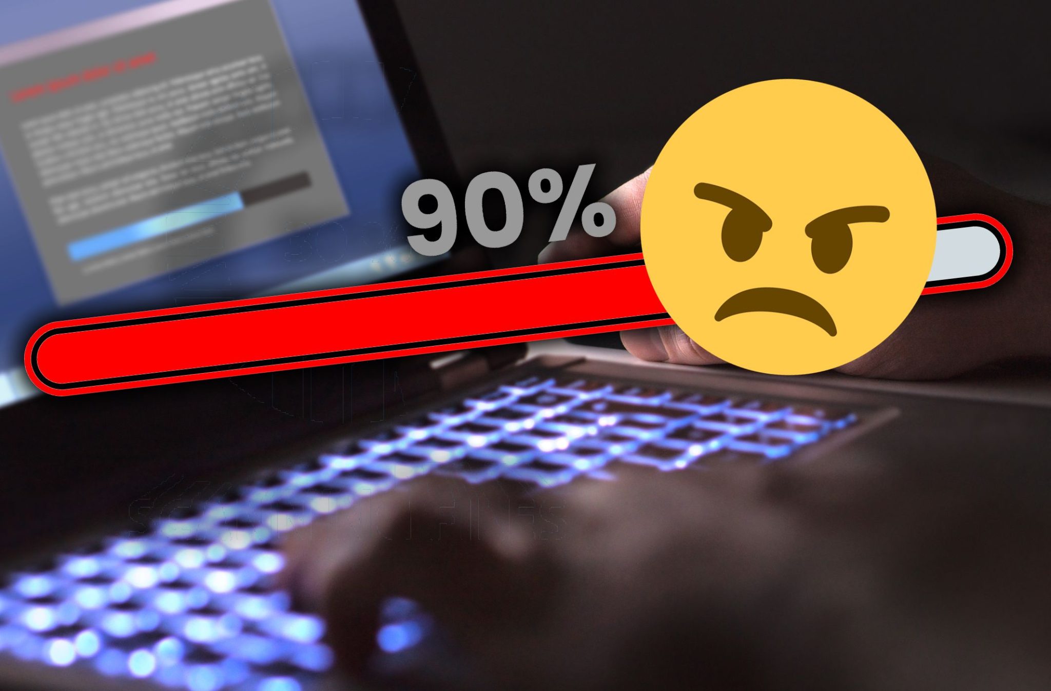 شخص يقوم بتشغيل فحص مكافحة الفيروسات عالق عند 90 بالمائة مع رمز تعبيري غاضب