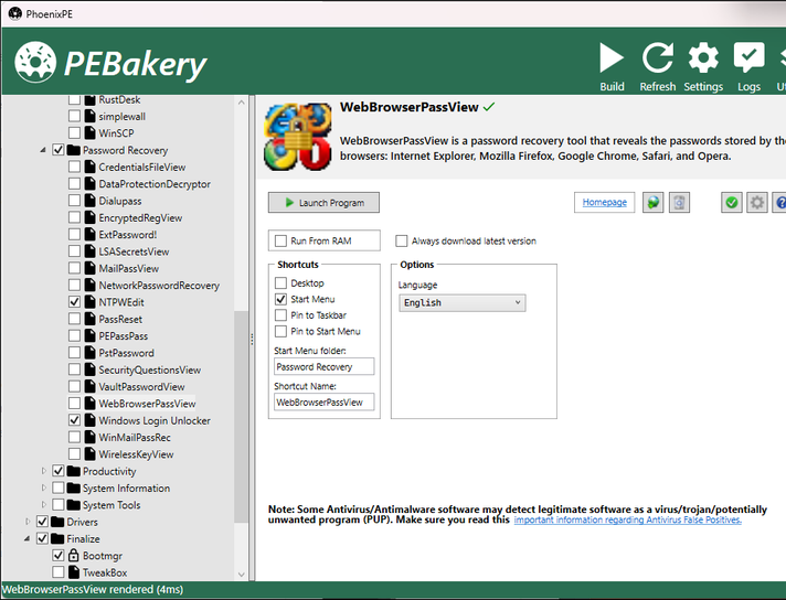 PhoenixPE selecting password recovery