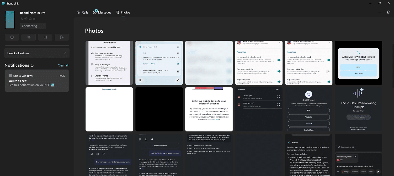 صور من معرض الهاتف في تطبيق Phone Link على جهاز كمبيوتر يعمل بنظام Windows.