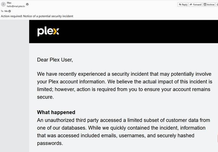 رسالة بريد إلكتروني بخصوص اختراق كلمة مرور Plex