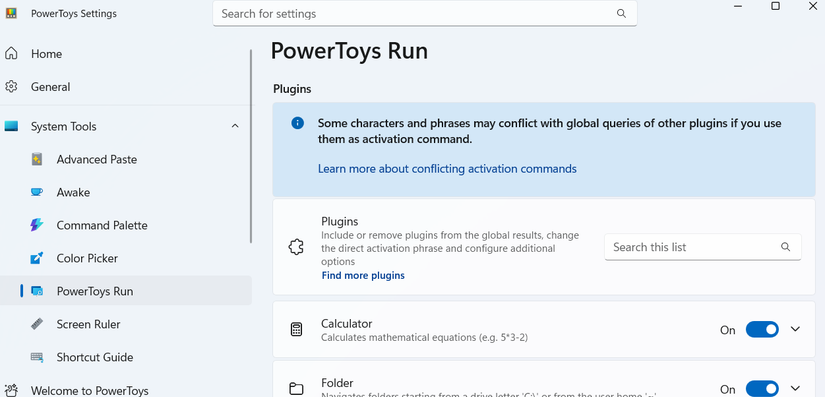 قائمة إضافات PowerToys Run على جهاز الكمبيوتر
