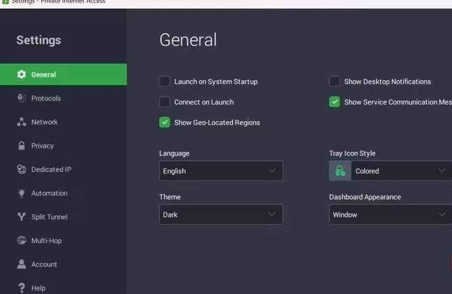 private internet access vpn general settings