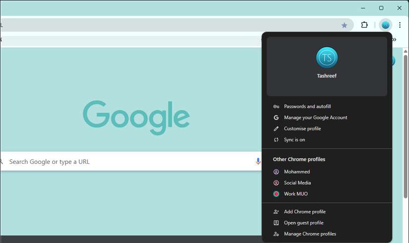 Profiles menu open in Google chrome browser on Windows 11