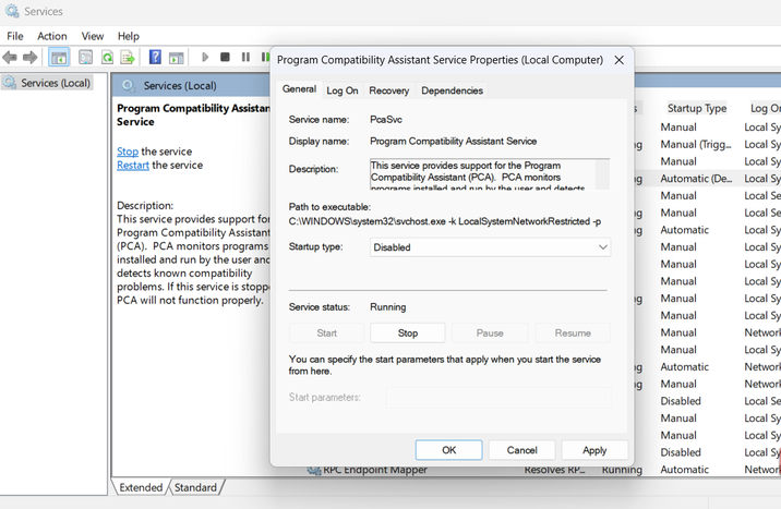 Program compatibility service on Windows