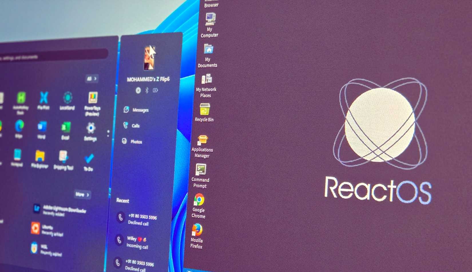 ReactOS and Windows 11 visble on the same display