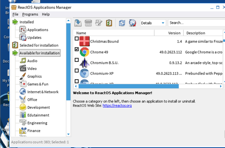 ReactOS application manager open-1