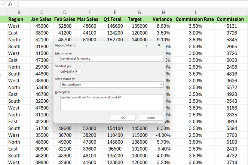 Record Macro dialog box in Excel for conditional formating.