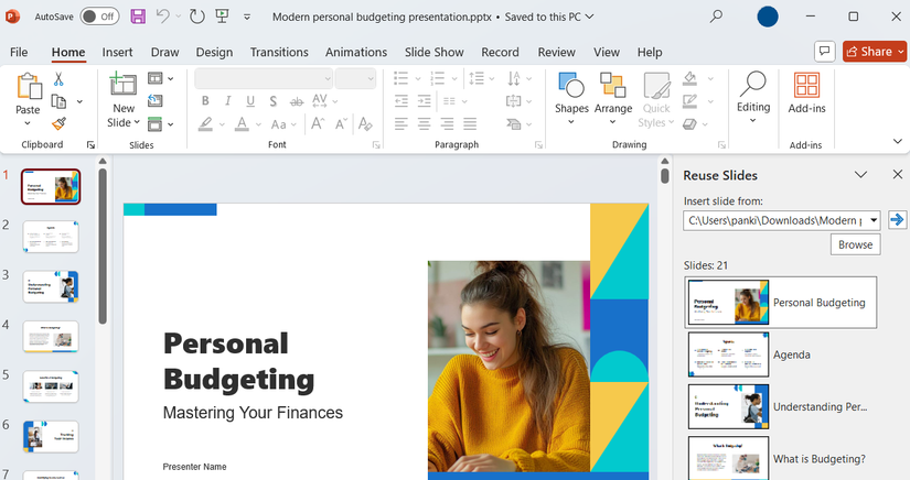 Reuse slides option in PowerPoint
