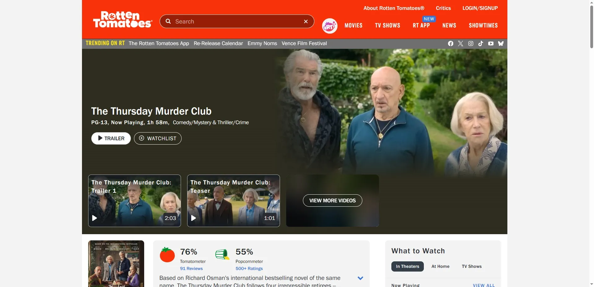 صفحة تقييم فيلم Thursday Murder Club على موقع Rotten Tomatoes