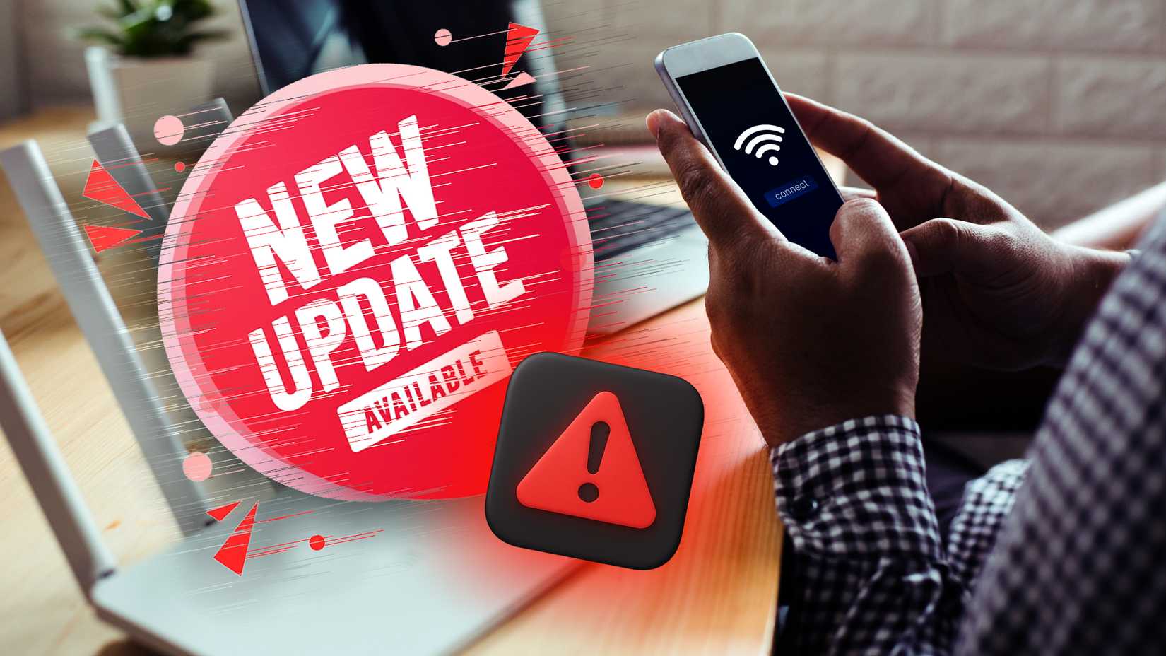 جهاز الراوتر وهاتف ذكي يتصلان مع علامة تحديث جديدة معطلة.