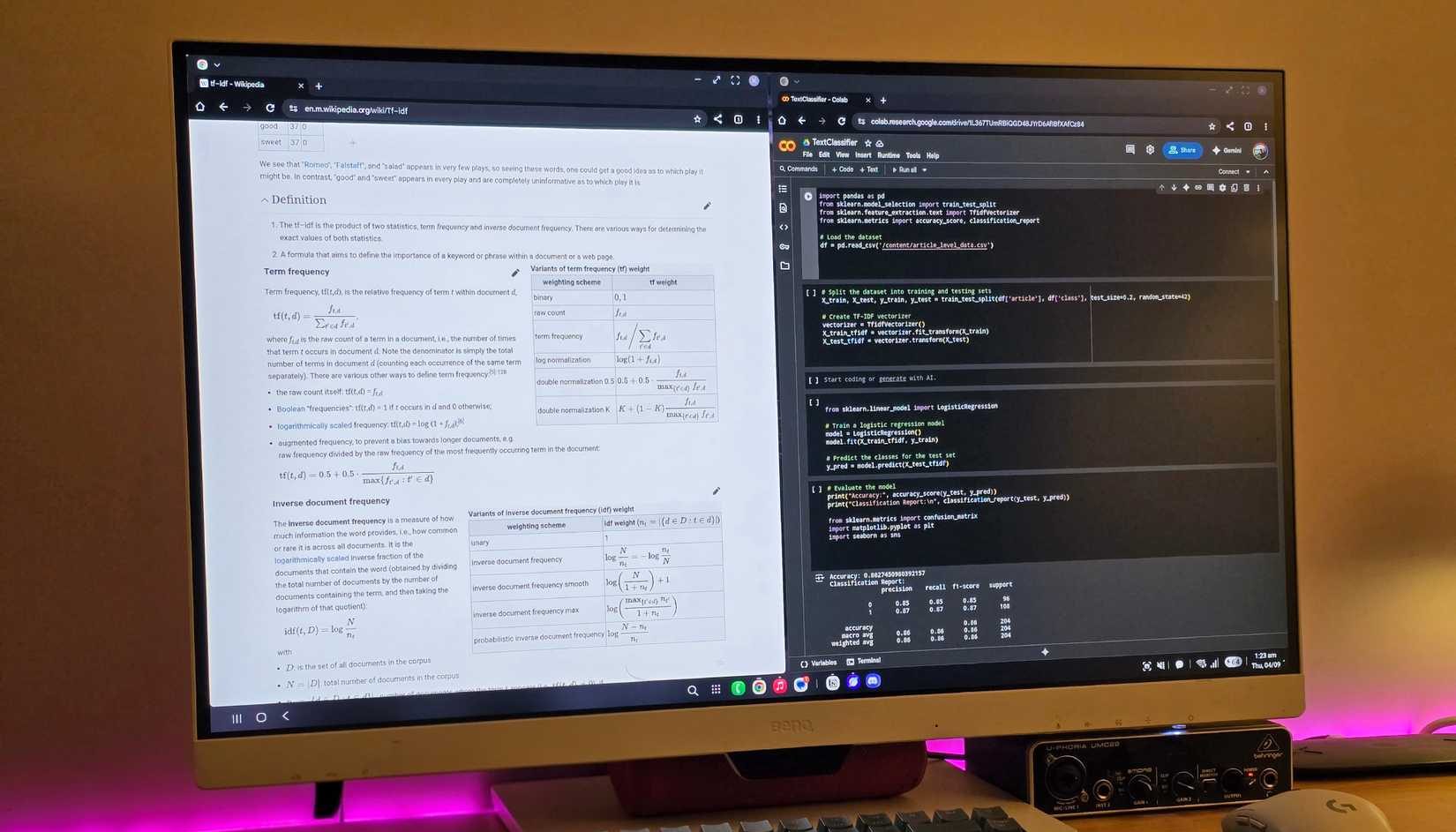 Samsung DeX running 2 Chrome windows with a keyboard and mouse on a table.