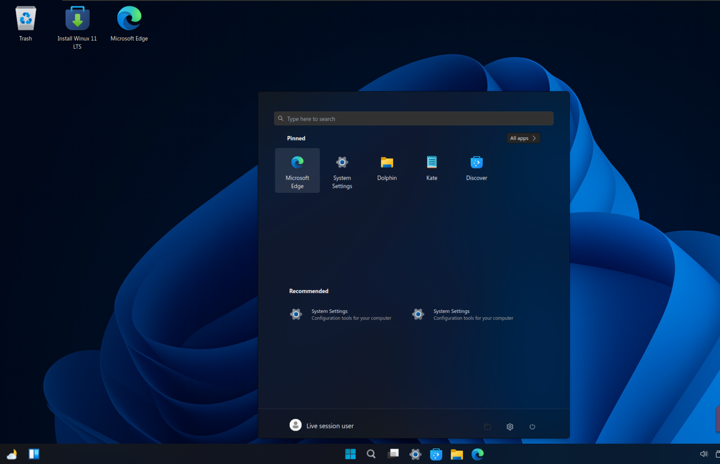 قائمة ابدأ في Winux