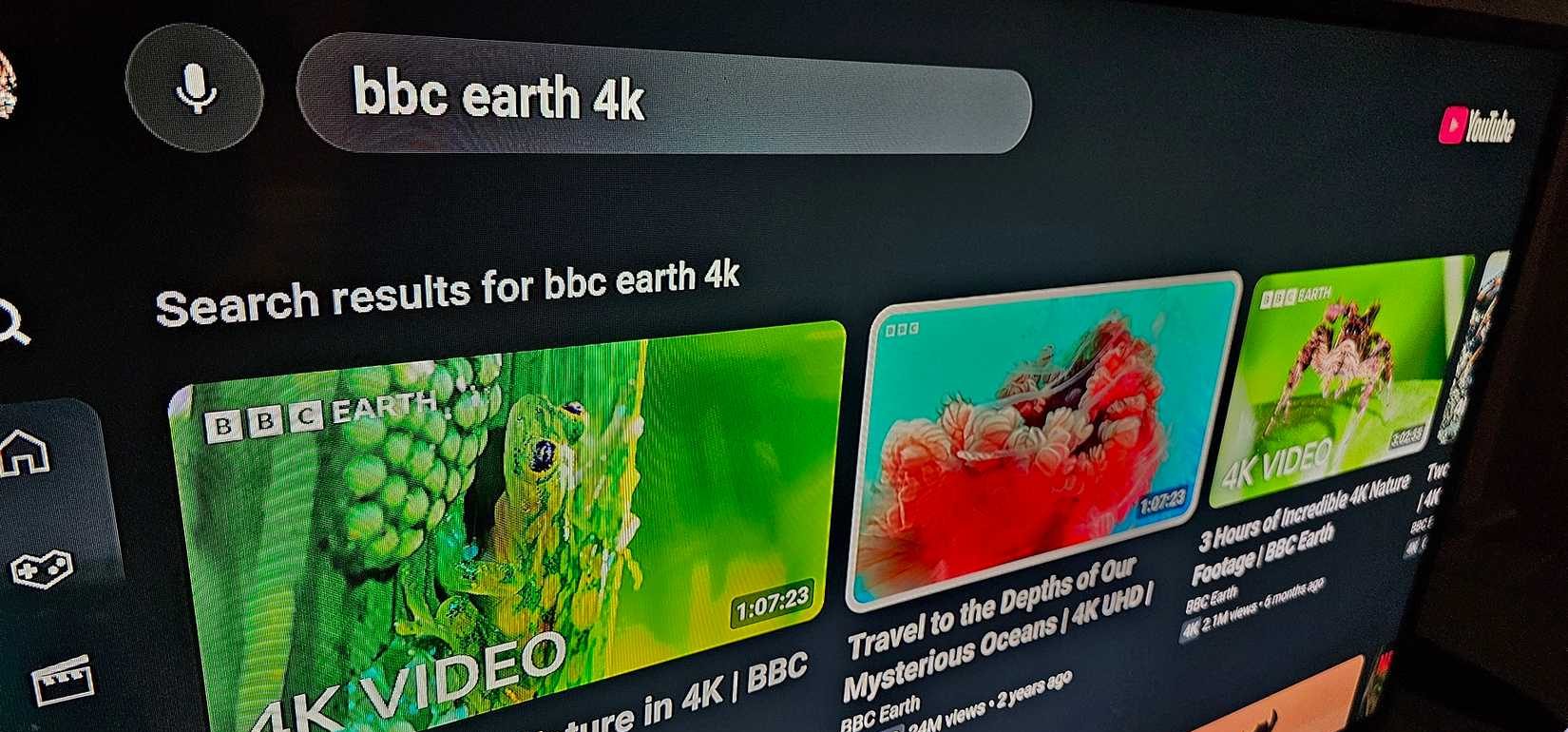 نتائج البحث عن BBC Earth 4K في تطبيق يوتيوب.