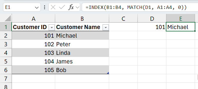 Searching for customer ID 101 with INDEX and MATCH in Excel