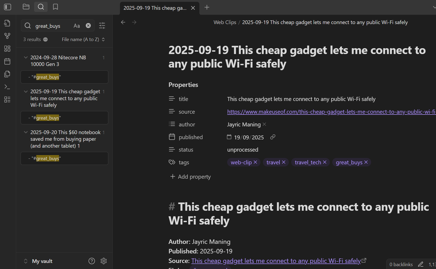 Searching tags in web clip library