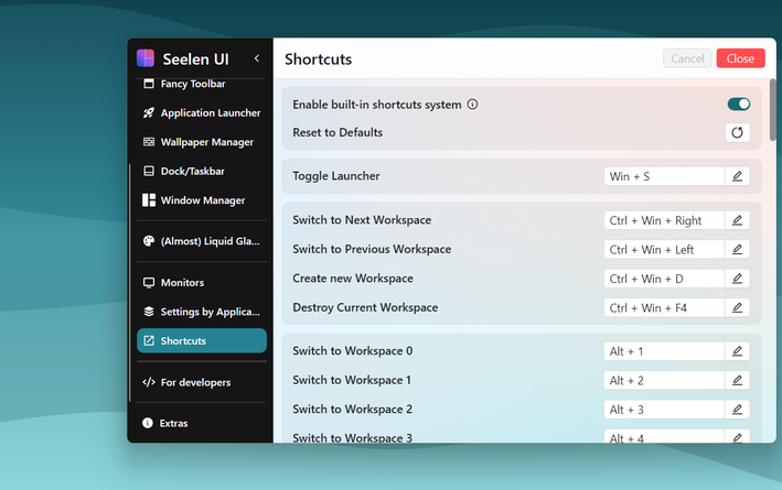 Seelen UI shortcuts menu on PC