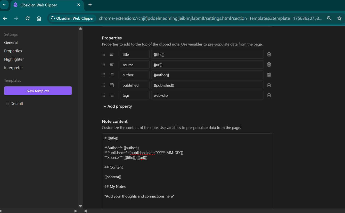تعيين خصائص مقطع الويب