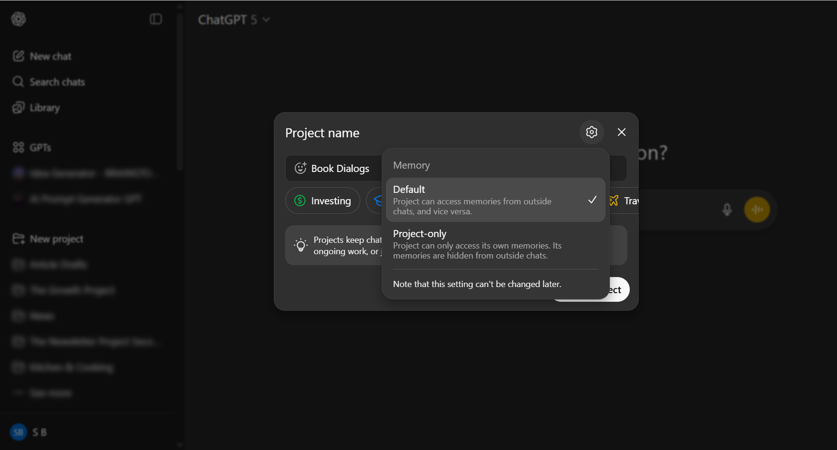 إعداد مشروع في ChatGPT.