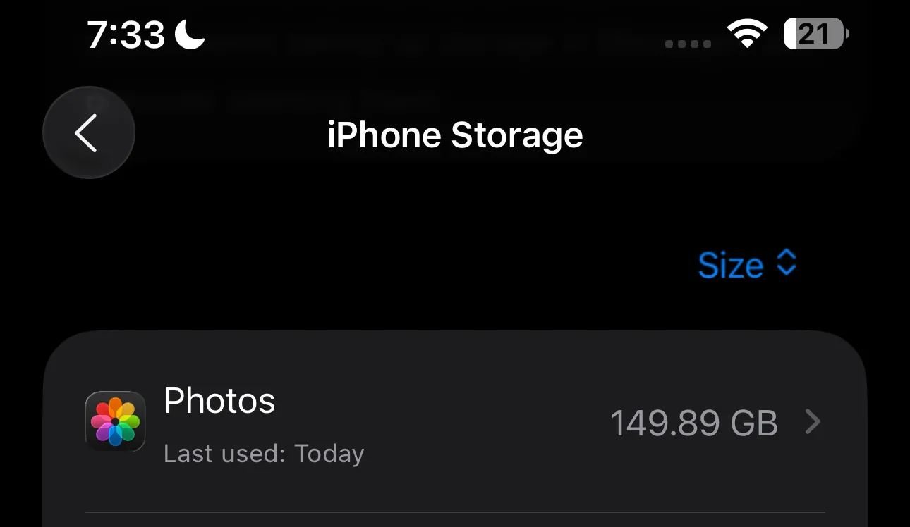 Settings page displaying how much iPhone storage is taken up by Photos app