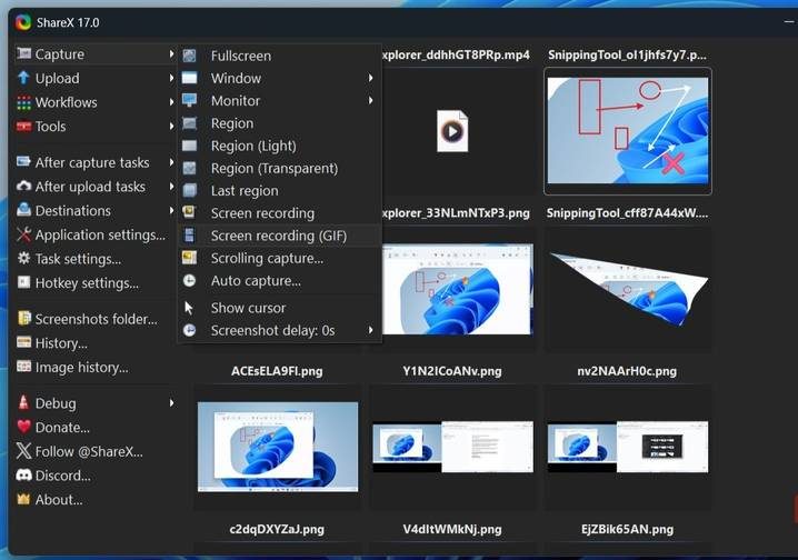 ShareX app showing capturing options on Windows