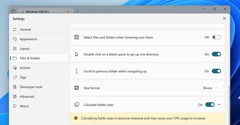 Show folder size option in Files app on PC