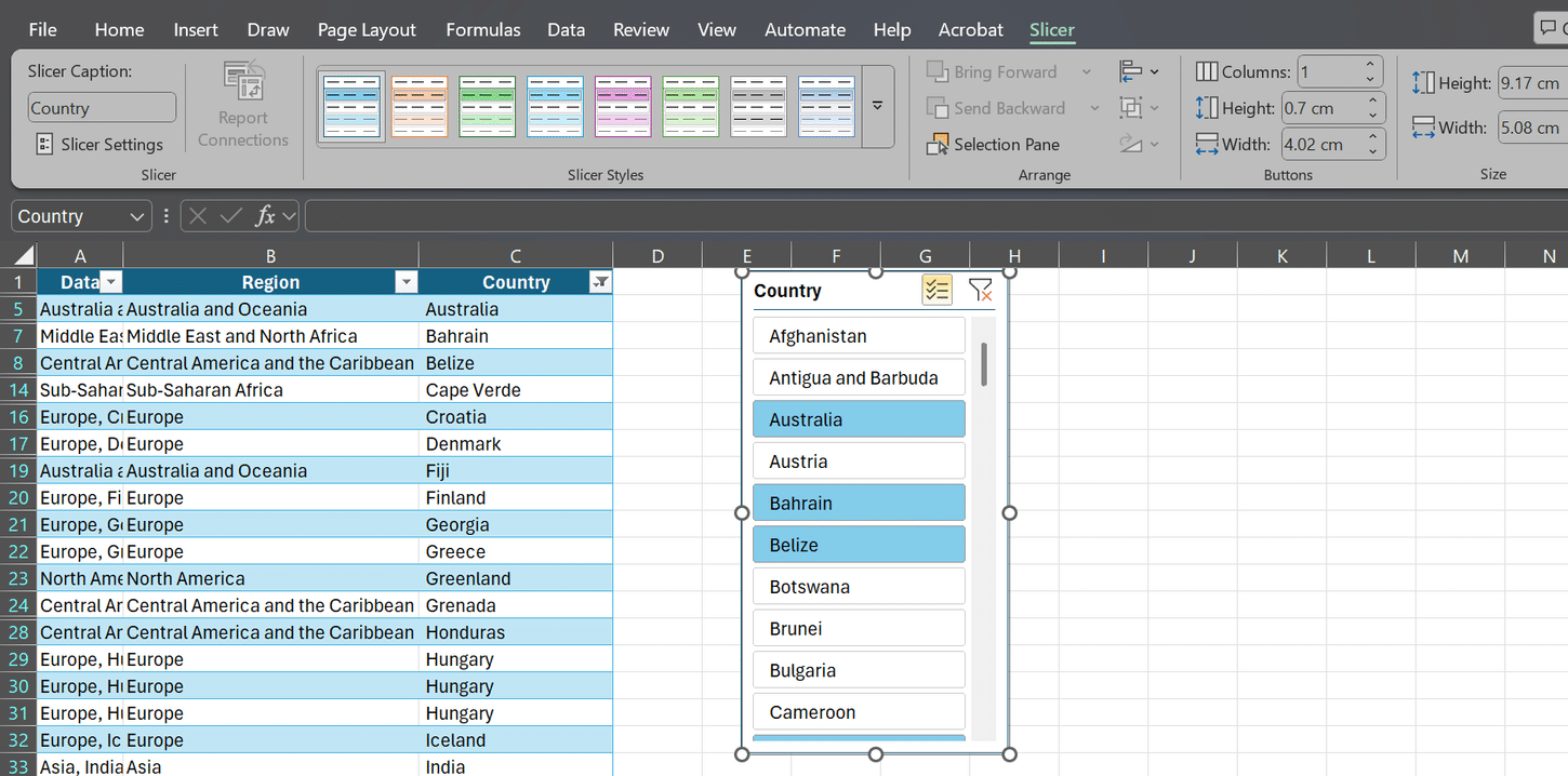 أدوات التصفية المرئية للجداول في Excel.