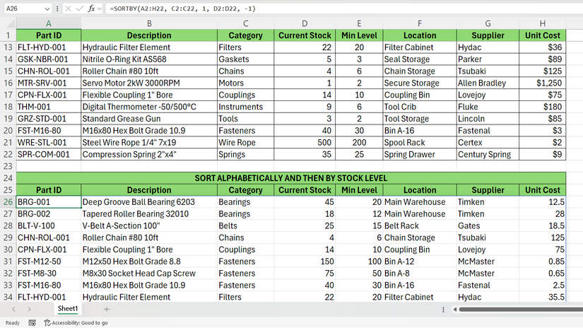 دالة SORTBY في Excel تعرض المخزون مفروزًا أبجديًا ثم حسب مستويات المخزون.