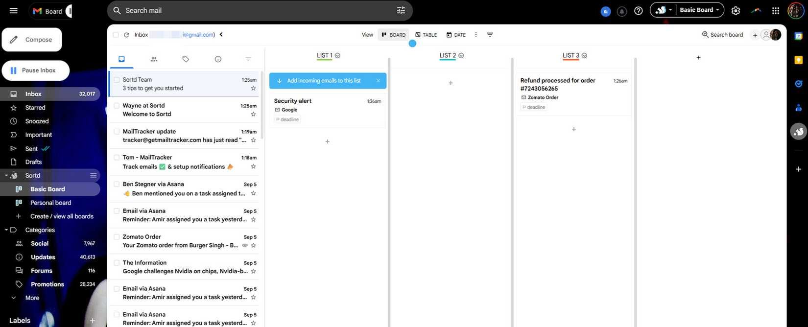 Sortd extension running on Gmail.
