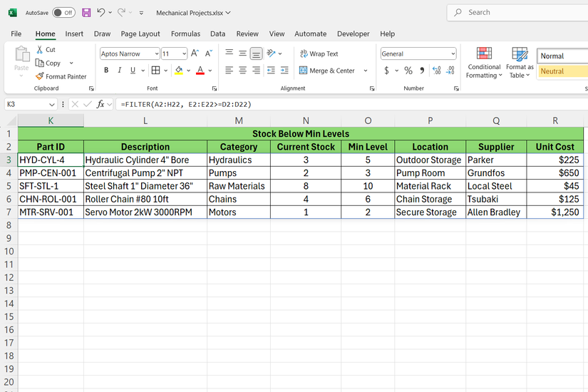 المخزون أقل من الحد الأدنى للمستويات التي تمت تصفيتها في Excel.
