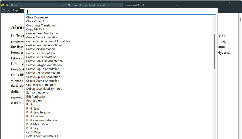 SumatraPDF Command Palette feature in action