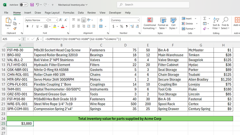 صيغة SUMPRODUCT في Excel تعرض القيمة الإجمالية لمخزون قطع الغيار من شركة Acme Corp.