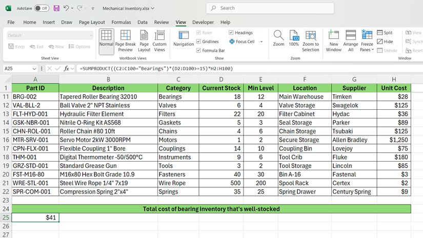 صيغة SUMPRODUCT في Excel تعرض القيمة الإجمالية لمخزون قطع الغيار المتوفر منه كميات جيدة.