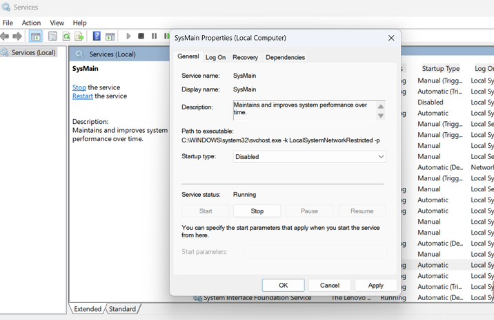 خدمة Sysmain على جهاز الكمبيوتر