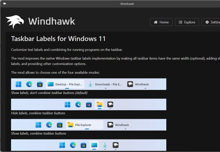 taskbar labels for Windows 11 Windhawk mode