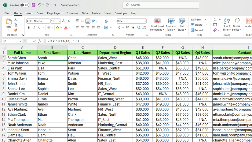 دالة TEXTSPLIT في Excel لتقسيم الاسم الكامل.