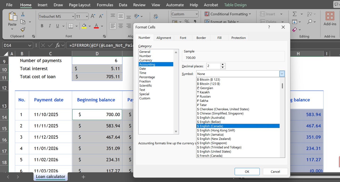 The Accounting Category under the Format Cells bar in Excel.