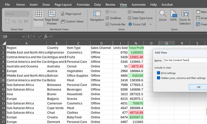 نافذة إضافة طريقة عرض ضمن طرق العرض المخصصة في Microsoft Excel.