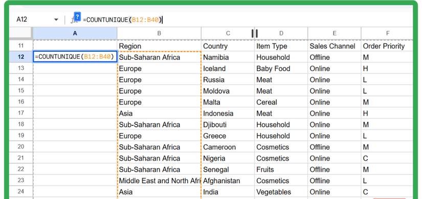 The COUNTUNIQUE function running in Google Sheets.