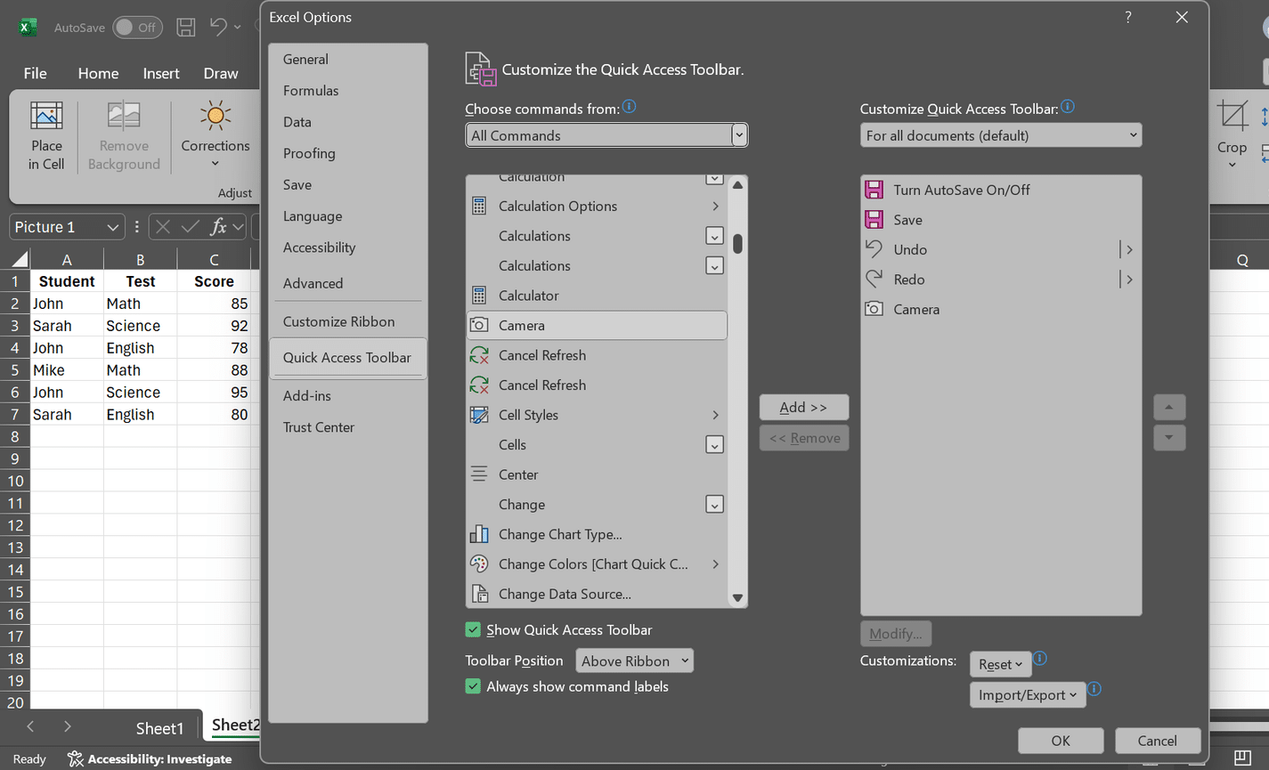 نافذة تخصيص شريط أدوات الوصول السريع في Microsoft Excel على سطح المكتب.