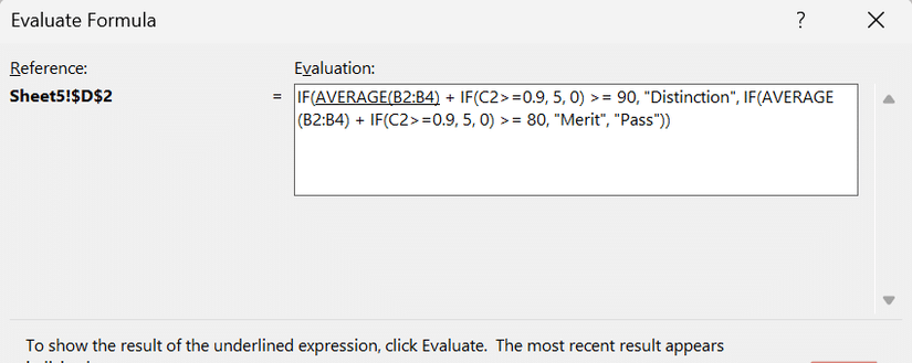 نافذة تقييم الصيغة في Microsoft Excel.