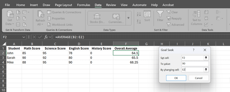 نافذة إعداد البحث عن الهدف في Microsoft Excel.