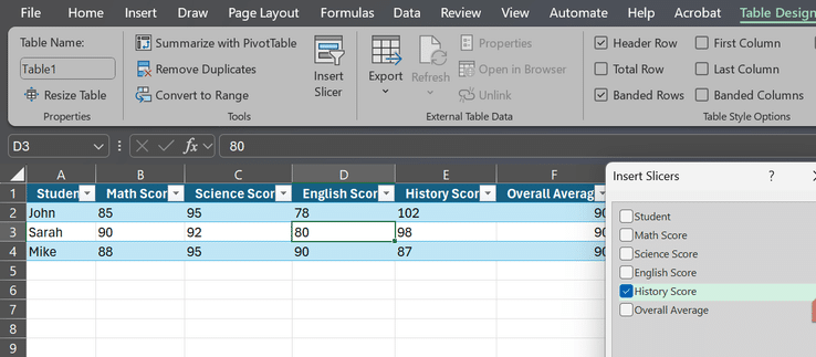 نافذة إدراج أدوات التصفية المرئية في Microsoft Excel.