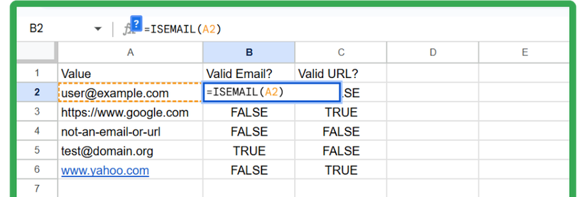 The ISEMAIL function running in Google Sheets.