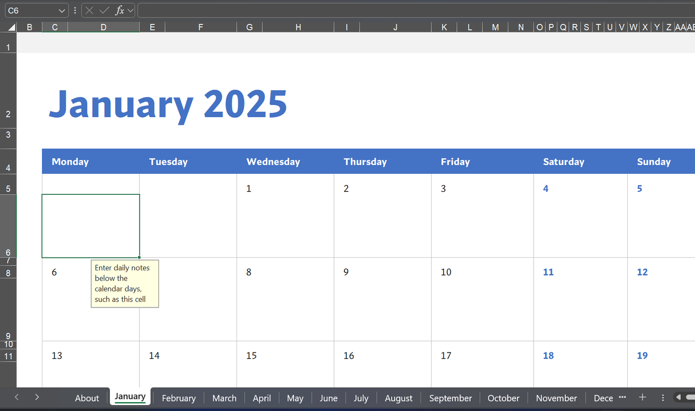The January sheet under the Any year custom calendar template.