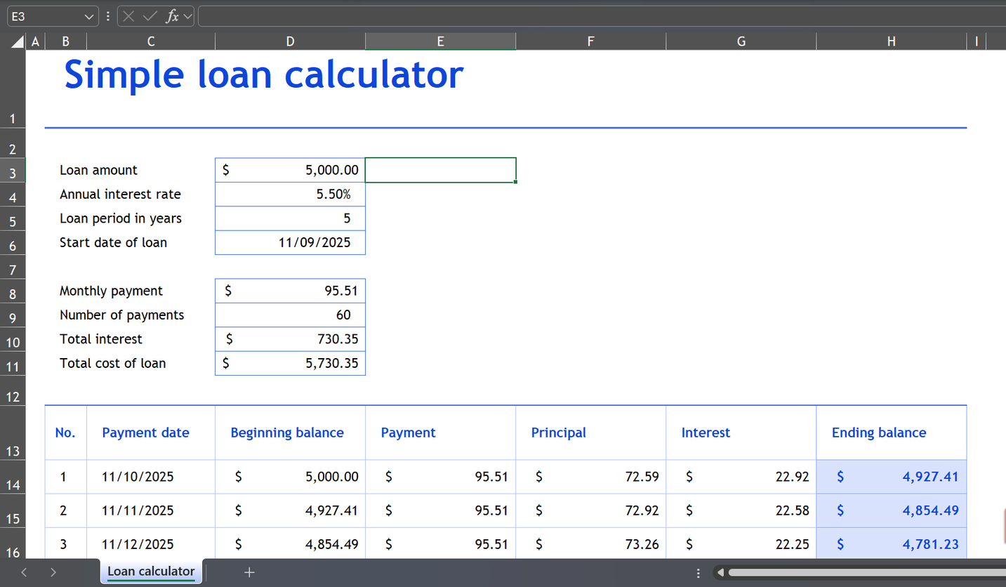 The Loan Calculator sheet under the Simple loan calculator and amortization table template.