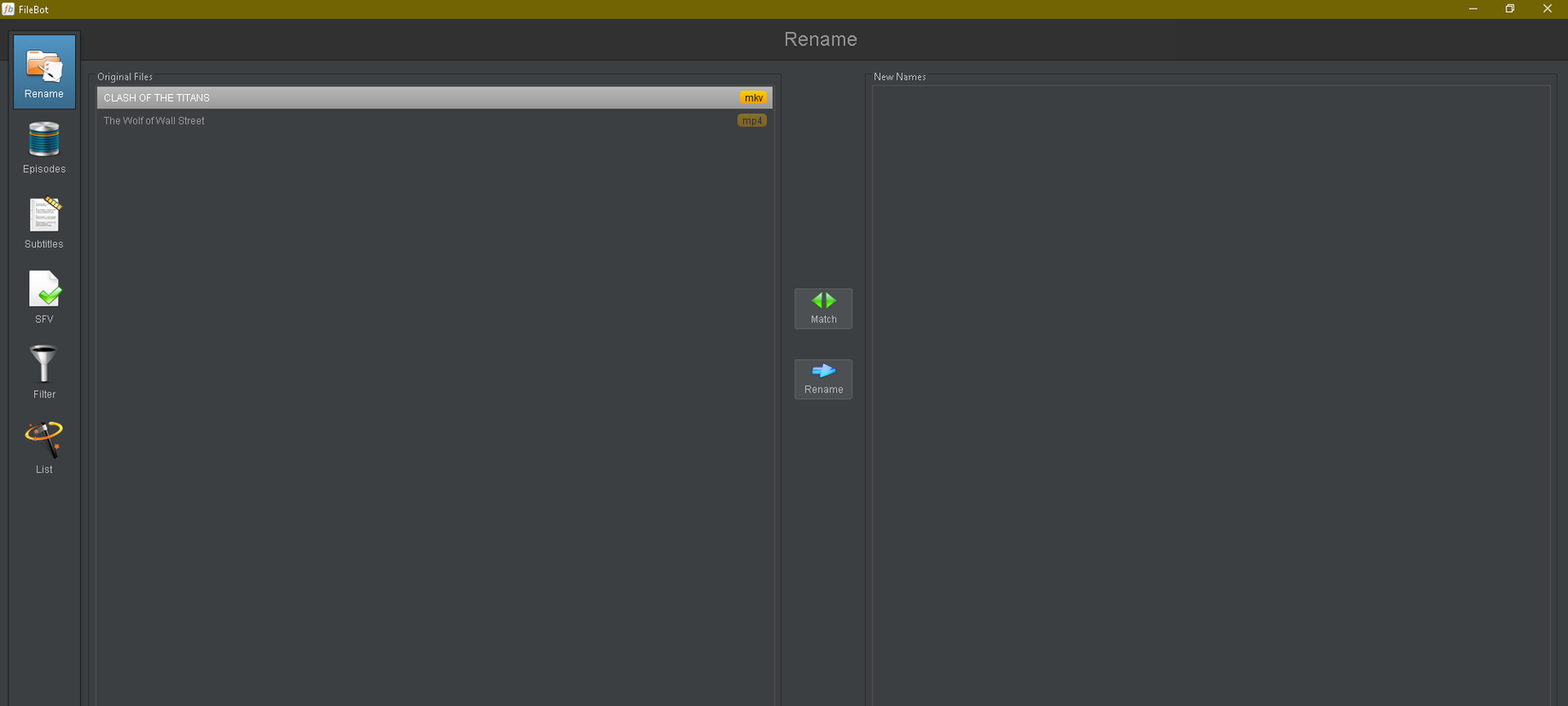 قائمة إعادة التسمية في FileBot، والتي تعرض قائمة بالأفلام.